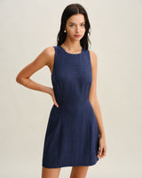 Blue Round Neck Zipper Sleeveless Mini Dress - Threadford
