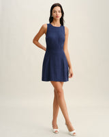 Blue Round Neck Zipper Sleeveless Mini Dress - Threadford