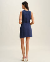 Blue Round Neck Zipper Sleeveless Mini Dress - Threadford