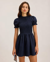 Blue Shirred Puffed Sleeve Mini Dress - Threadford