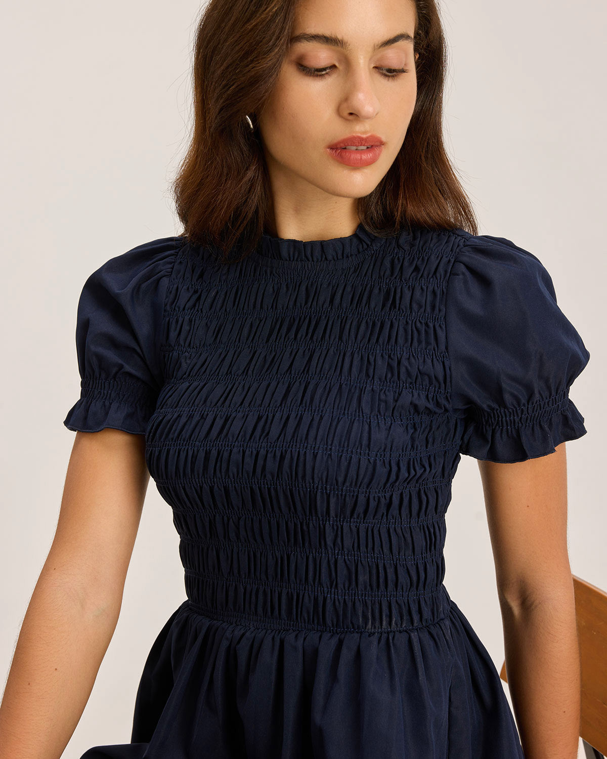 Blue Shirred Puffed Sleeve Mini Dress - Threadford