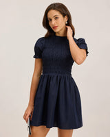 Blue Shirred Puffed Sleeve Mini Dress - Threadford