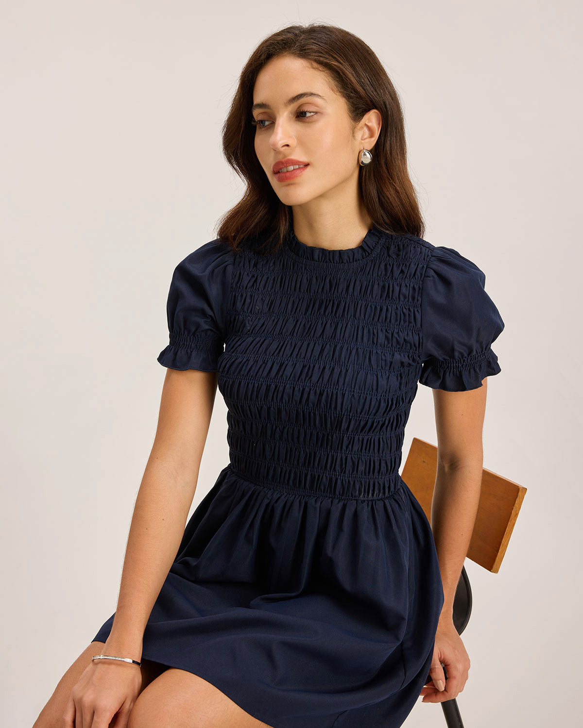 Blue Shirred Puffed Sleeve Mini Dress - Threadford