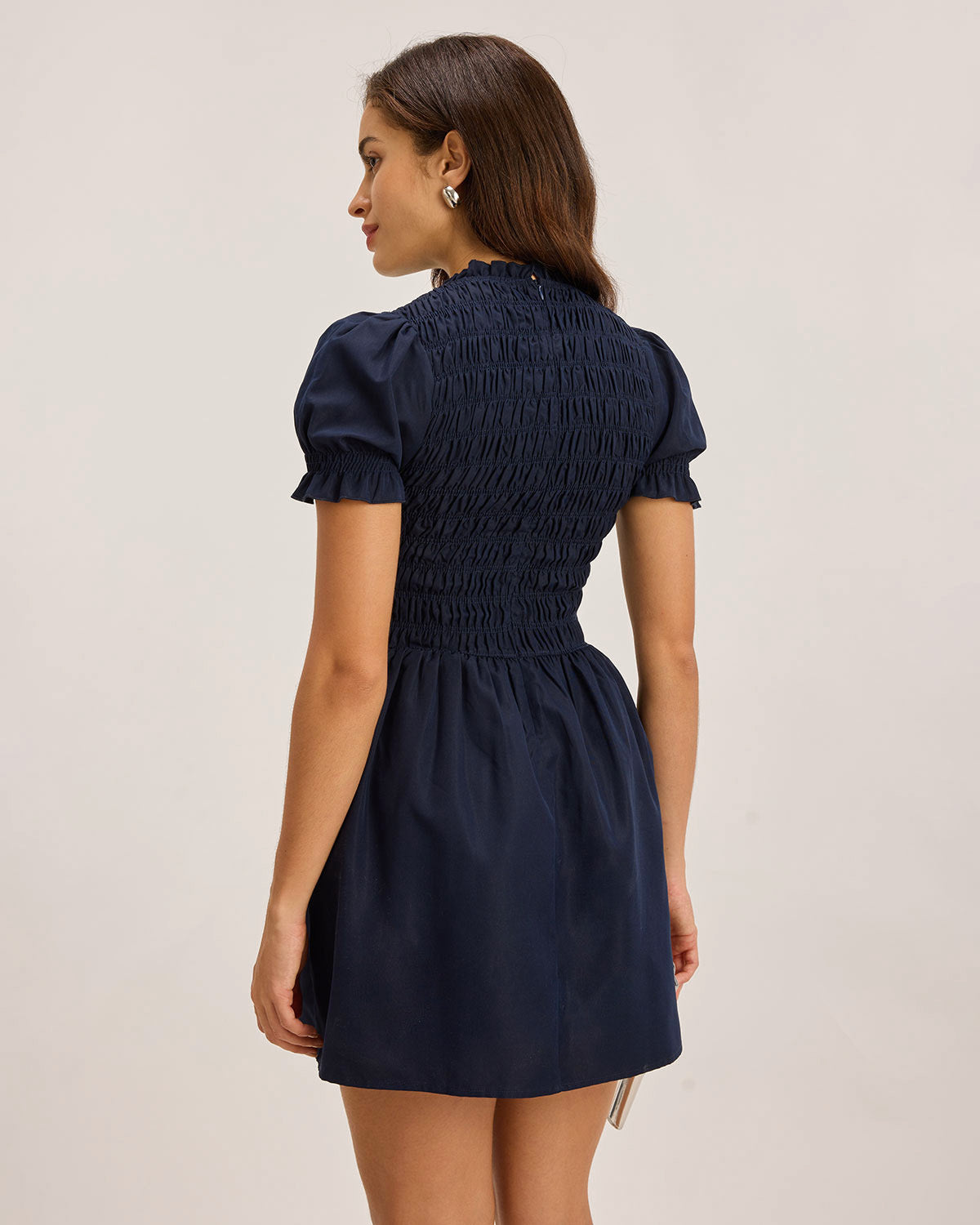 Blue Shirred Puffed Sleeve Mini Dress - Threadford