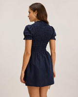 Blue Shirred Puffed Sleeve Mini Dress - Threadford