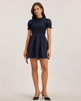 Blue Shirred Puffed Sleeve Mini Dress - Threadford