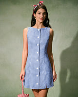 The Blue Boat Neck Cotton Plaid Mini Dress - Threadford