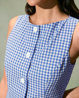 The Blue Boat Neck Cotton Plaid Mini Dress - Threadford