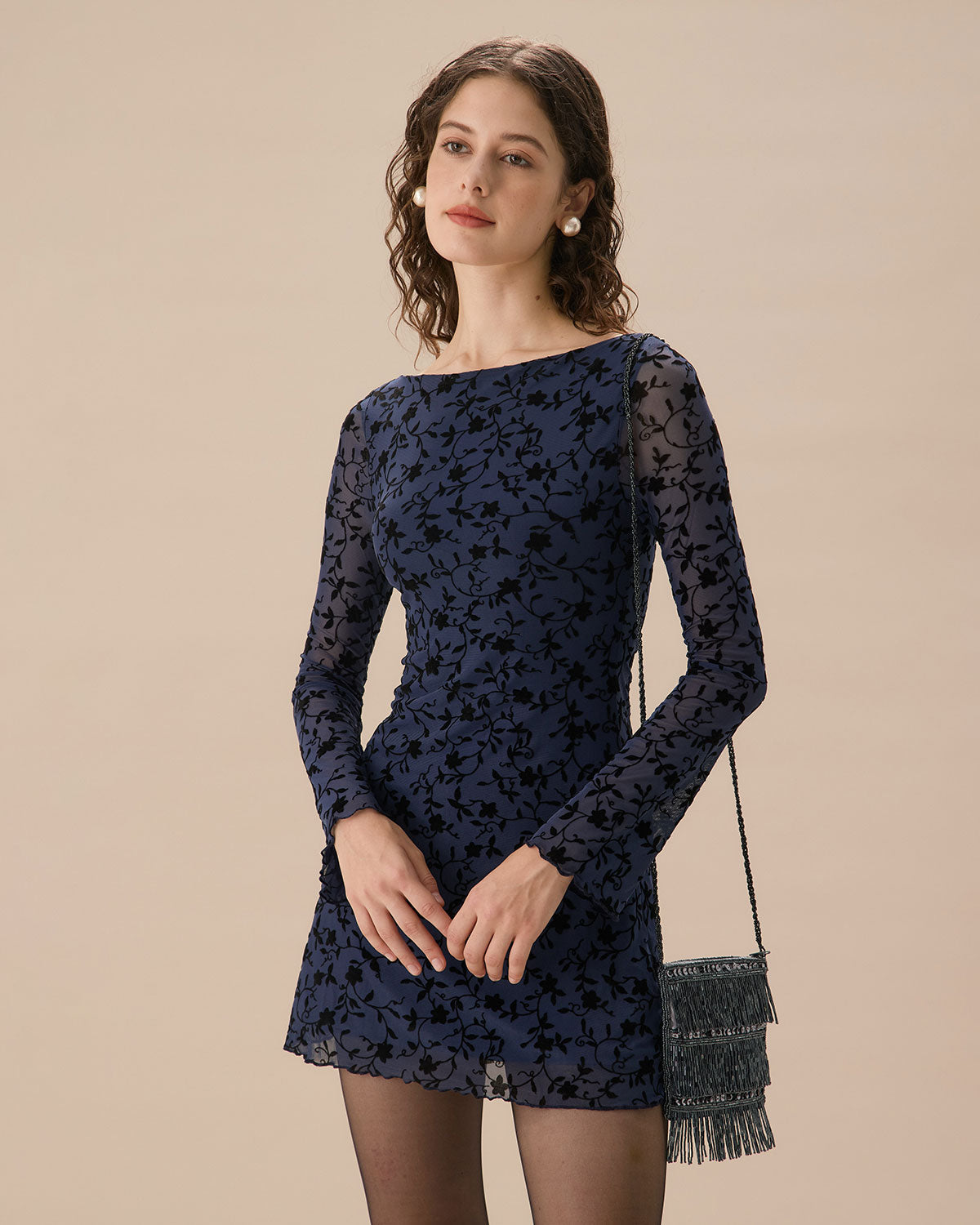 Women's Blue See-through Long Sleeve Mini Dress - Threadford