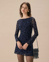 Women's Blue See-through Long Sleeve Mini Dress - Threadford
