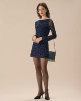 Women's Blue See-through Long Sleeve Mini Dress - Threadford