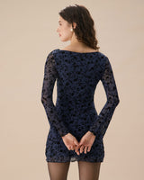 Women's Blue See-through Long Sleeve Mini Dress - Threadford