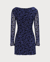Women's Blue See-through Long Sleeve Mini Dress - Threadford