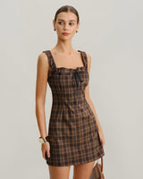 Brown Plaid Square Neck A-Line Slip Mini Dress - Threadford