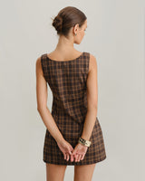 Brown Plaid Square Neck A-Line Slip Mini Dress - Threadford
