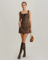Brown Plaid Square Neck A-Line Slip Mini Dress - Threadford