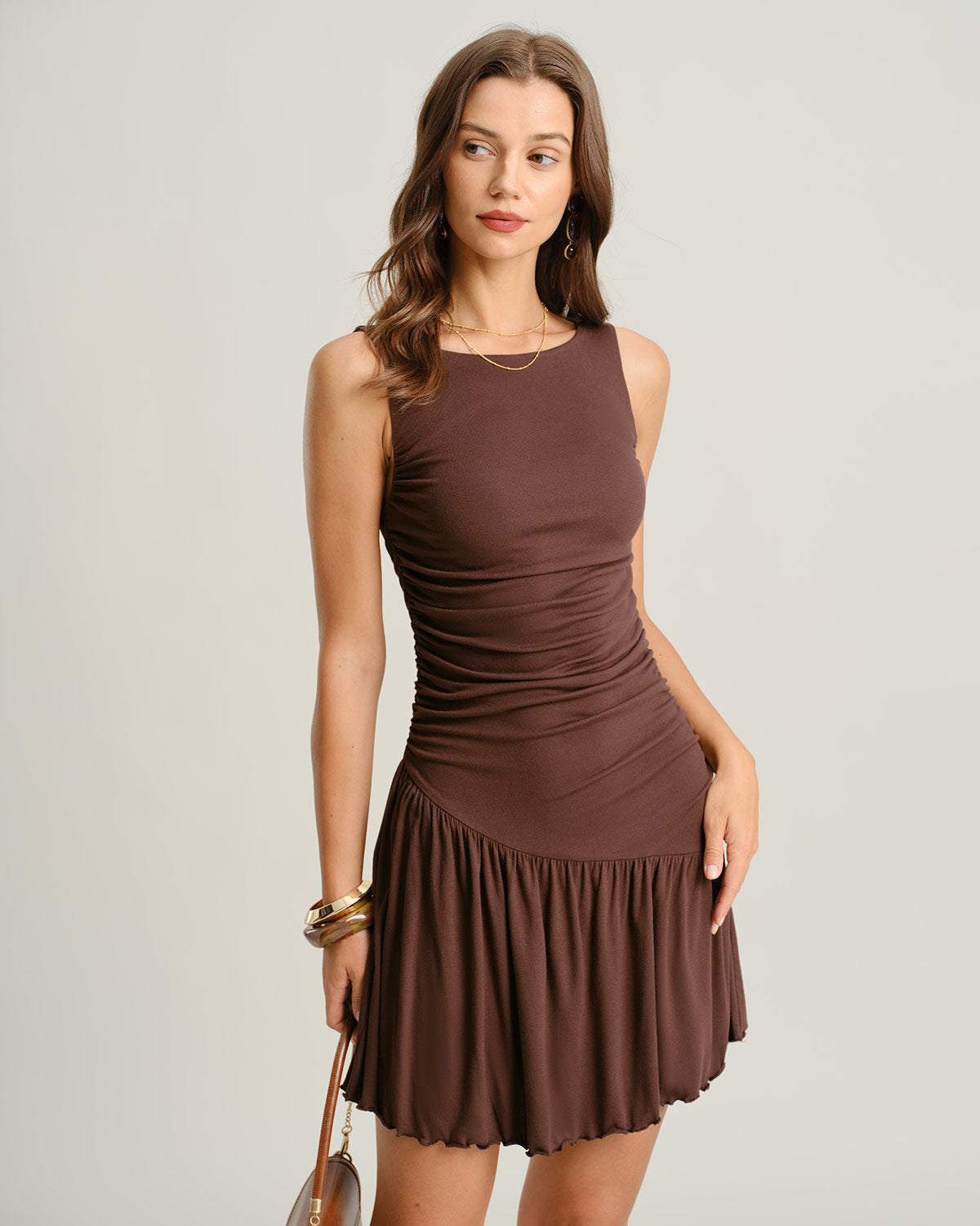 Brown Boat Neck Ruched Sleeveless Mini Dress - Threadford