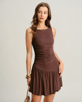Brown Boat Neck Ruched Sleeveless Mini Dress - Threadford