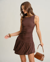 Brown Boat Neck Ruched Sleeveless Mini Dress - Threadford