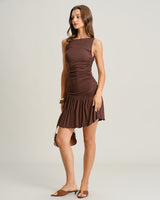 Brown Boat Neck Ruched Sleeveless Mini Dress - Threadford