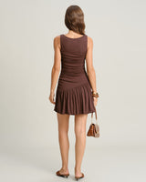 Brown Boat Neck Ruched Sleeveless Mini Dress - Threadford