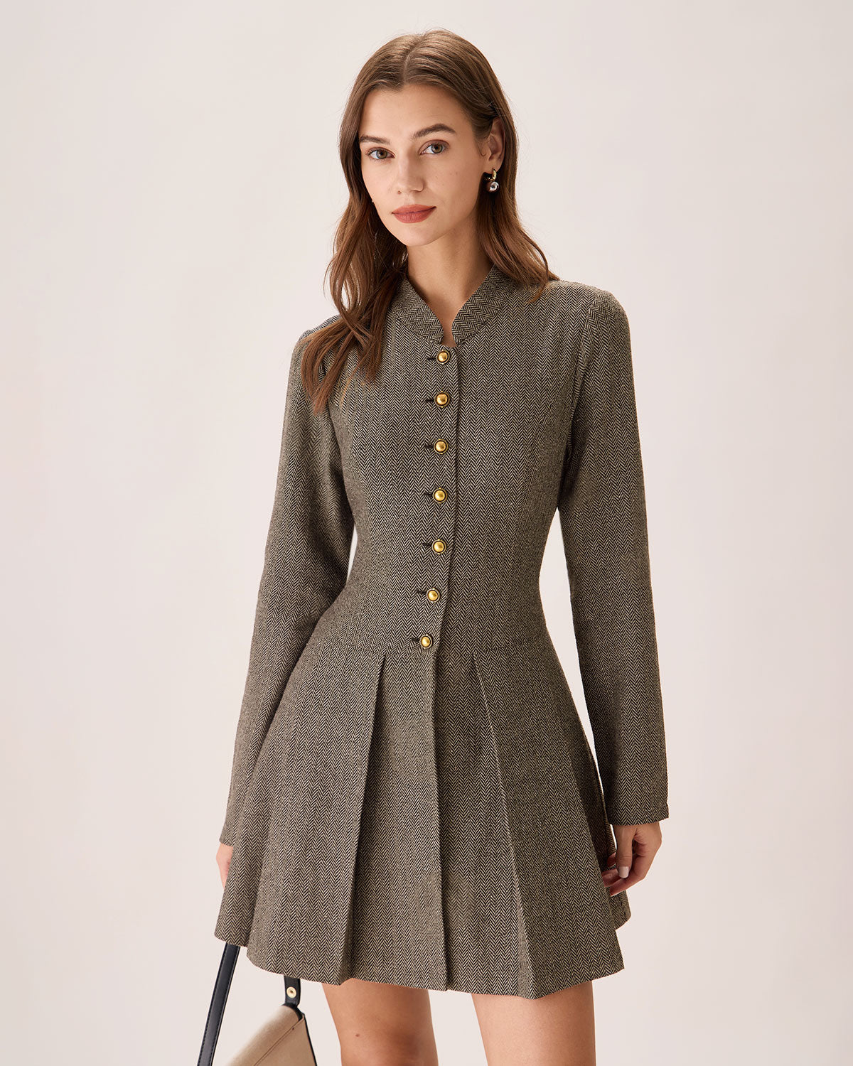 Brown Button Pleated Mini Dress - Threadford