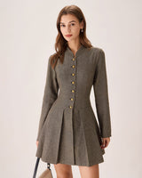 Brown Button Pleated Mini Dress - Threadford