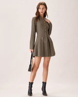 Brown Button Pleated Mini Dress - Threadford