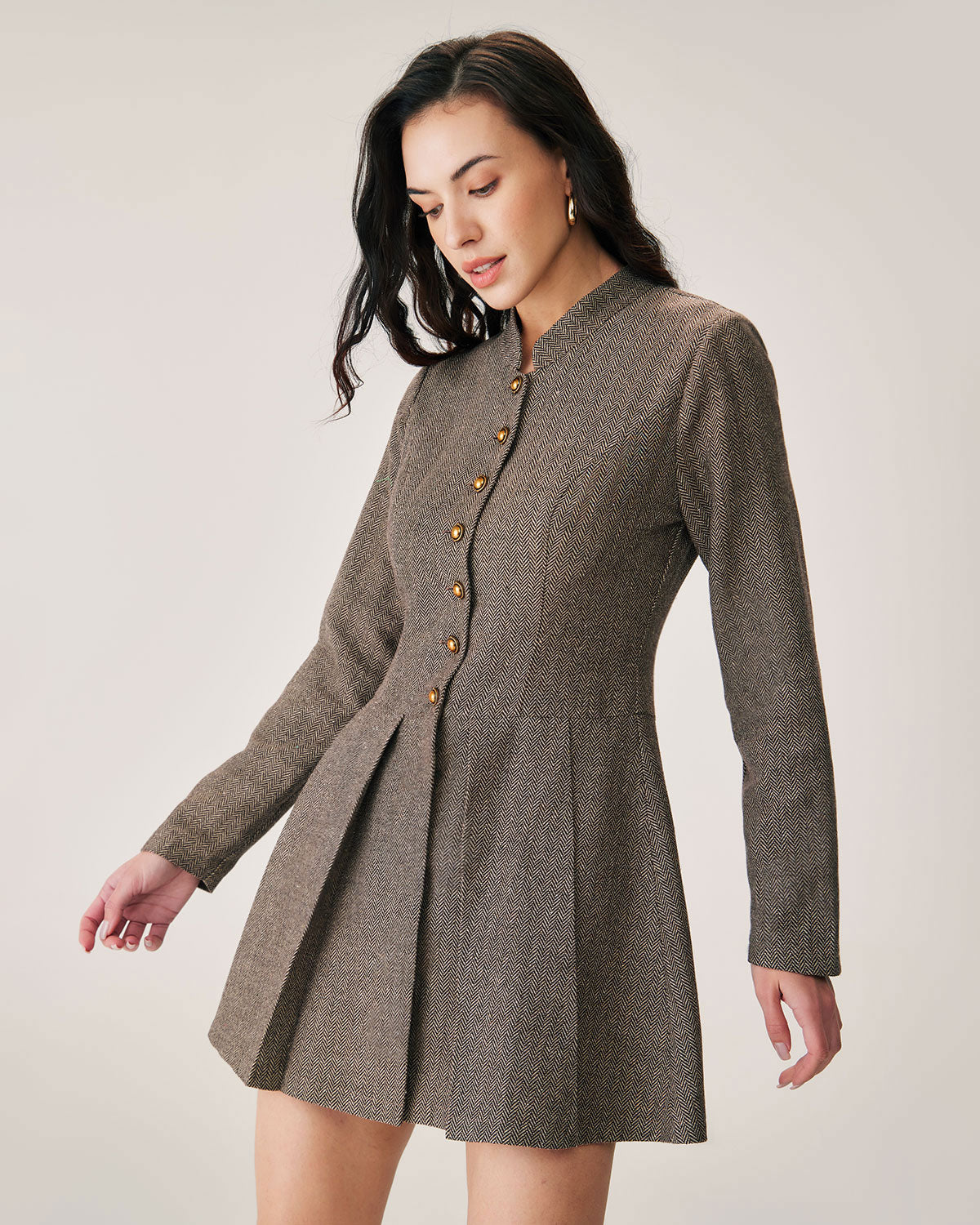 Brown Button Pleated Mini Dress - Threadford