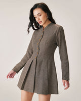 Brown Button Pleated Mini Dress - Threadford