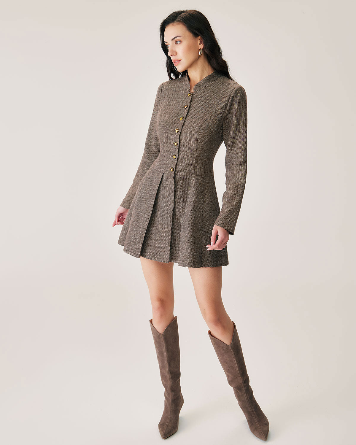 Brown Button Pleated Mini Dress - Threadford