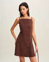 Brown Button Pleated Slip Mini Dress - Threadford