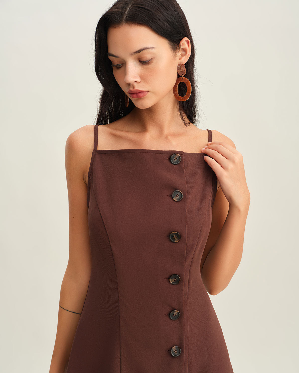 Brown Button Pleated Slip Mini Dress - Threadford
