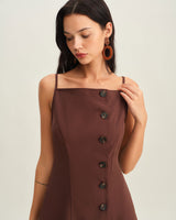 Brown Button Pleated Slip Mini Dress - Threadford