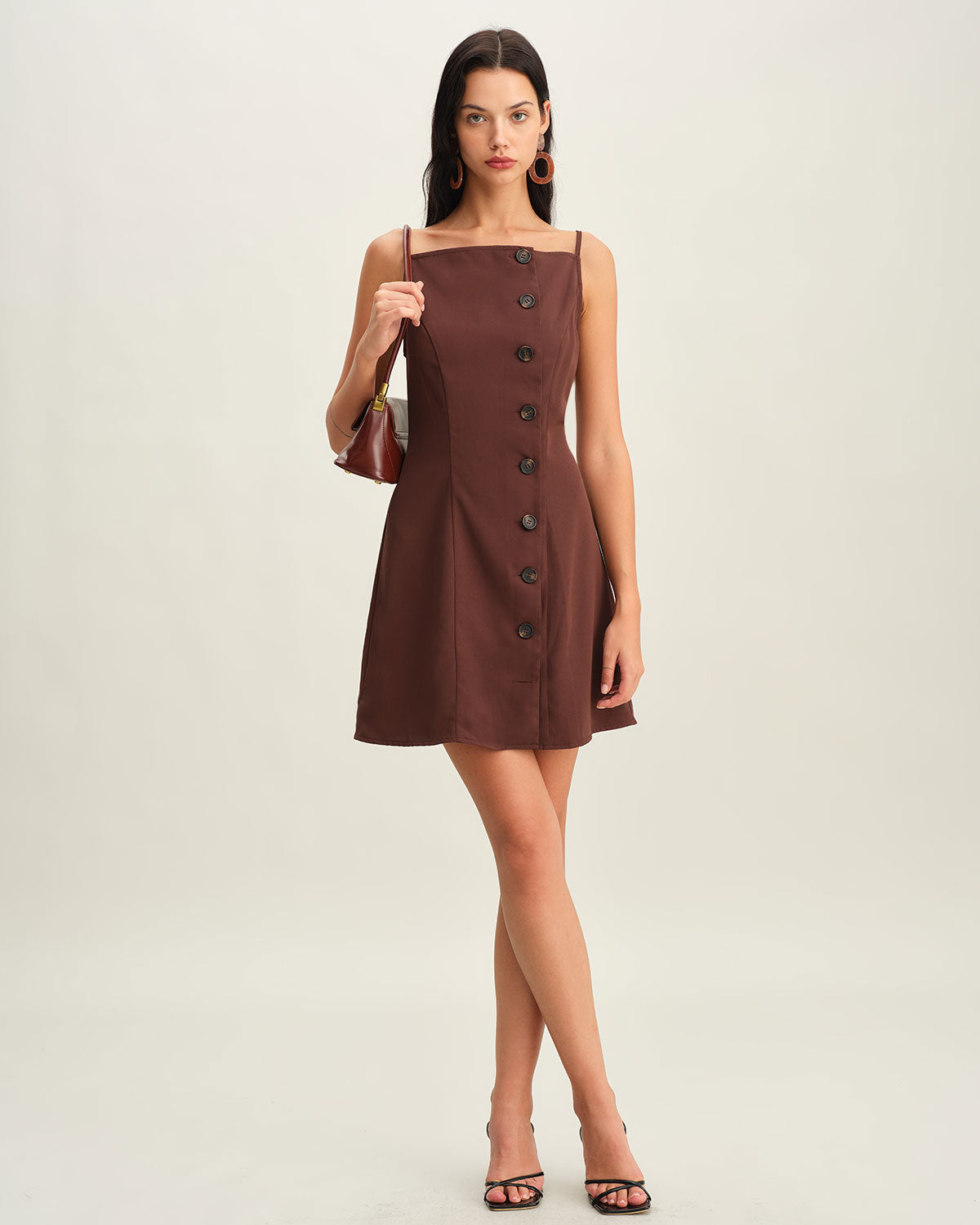 Brown Button Pleated Slip Mini Dress - Threadford