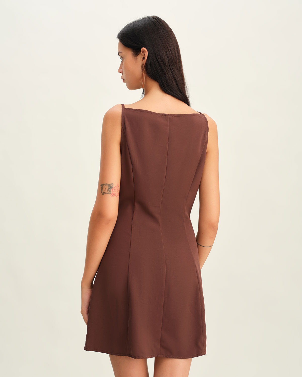 Brown Button Pleated Slip Mini Dress - Threadford