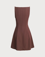 Brown Button Pleated Slip Mini Dress - Threadford