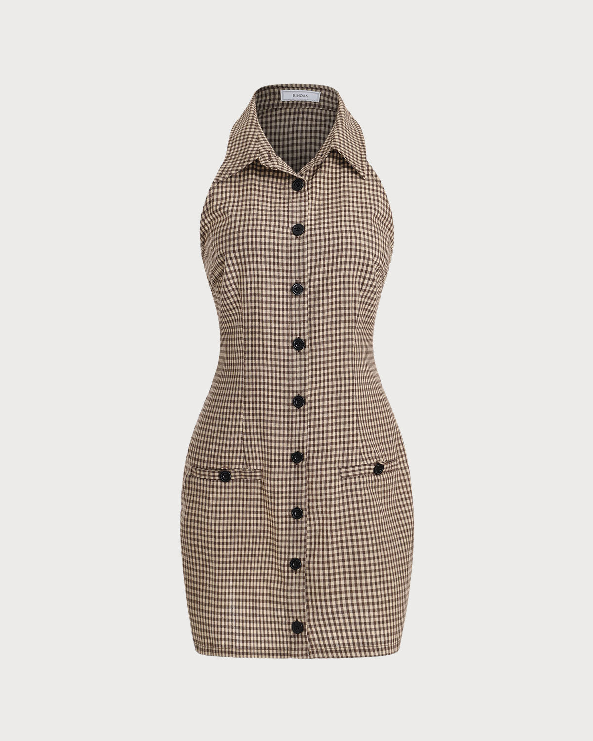 Brown Plaid Button Sleeveless Mini Dress - Threadford