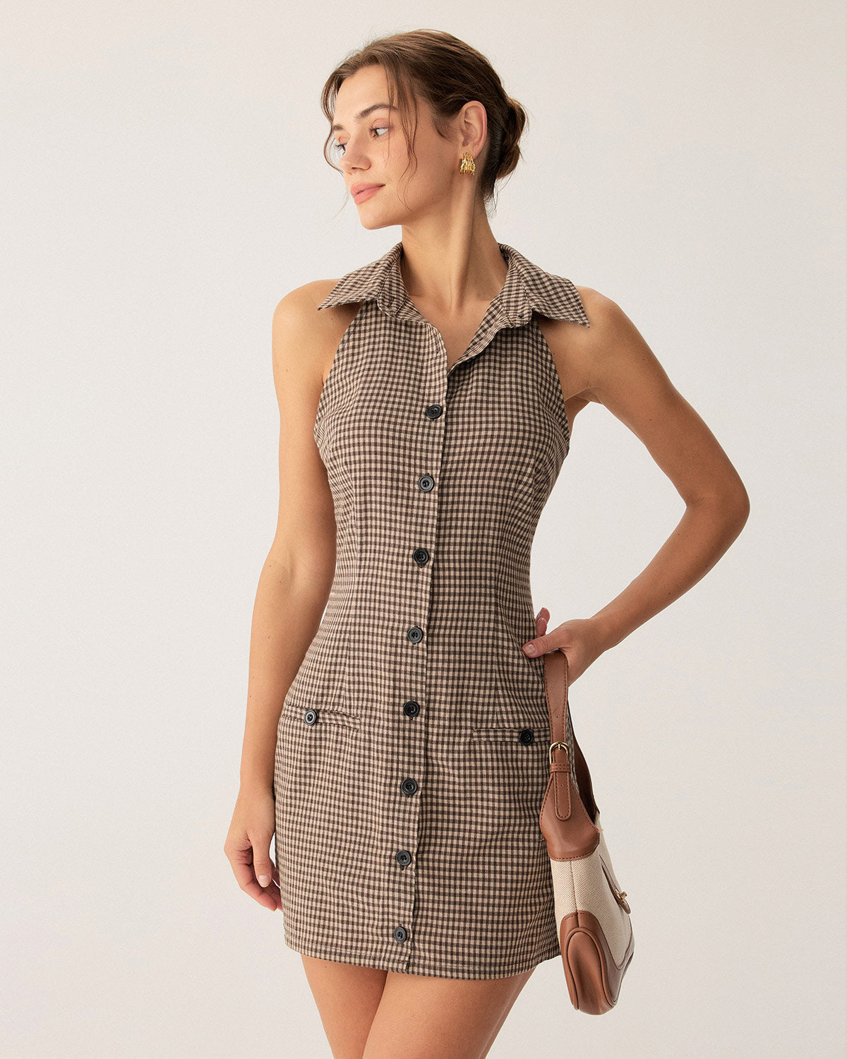 Brown Plaid Button Sleeveless Mini Dress - Threadford