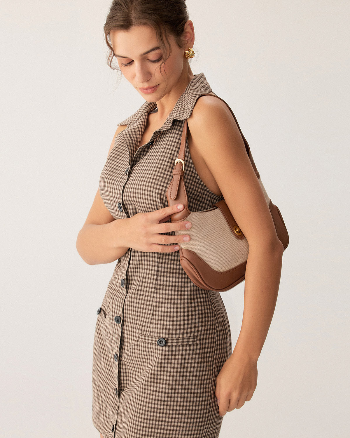 Brown Plaid Button Sleeveless Mini Dress - Threadford