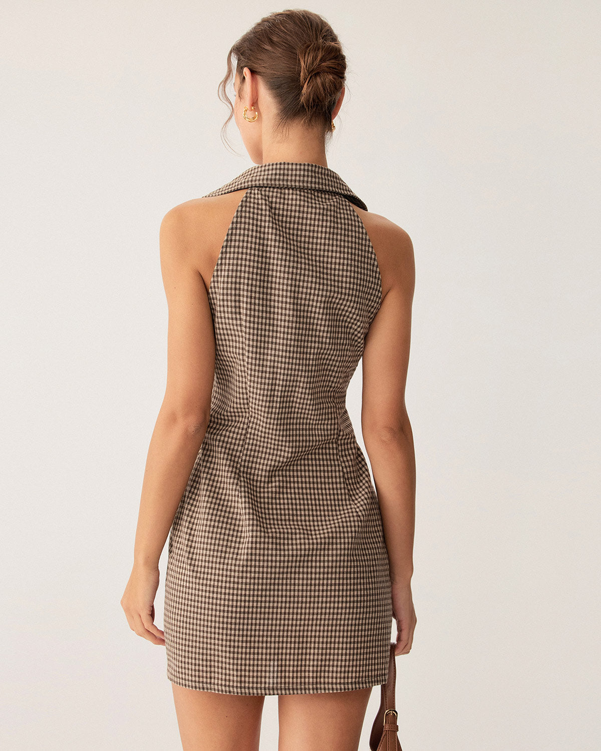 Brown Plaid Button Sleeveless Mini Dress - Threadford
