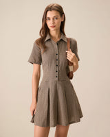 Brown Plaid Lapel Pleated Mini Dress - Threadford