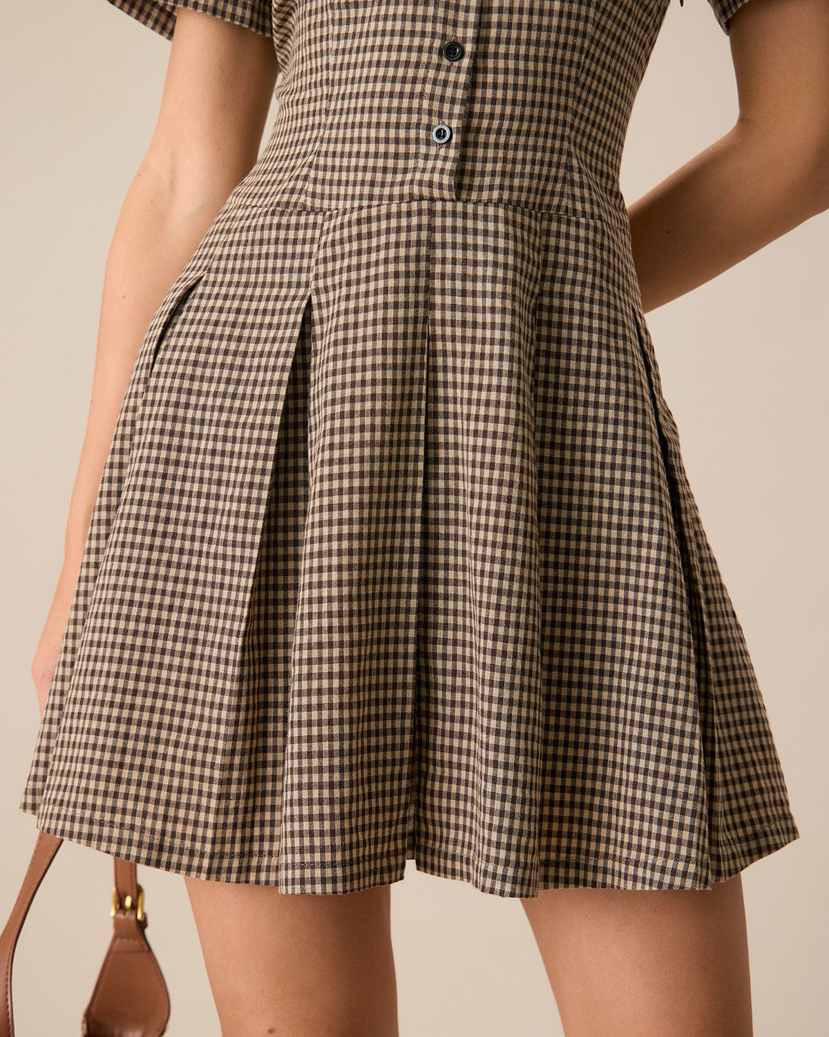 Brown Plaid Lapel Pleated Mini Dress - Threadford