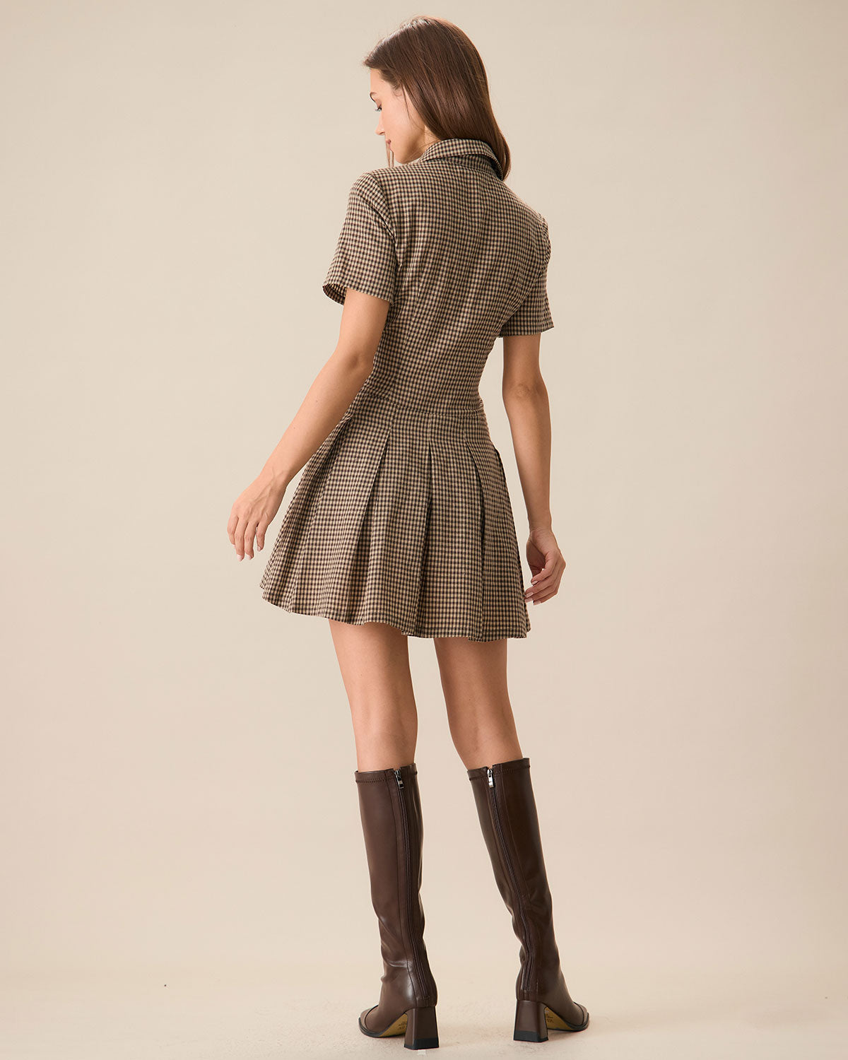 Brown Plaid Lapel Pleated Mini Dress - Threadford