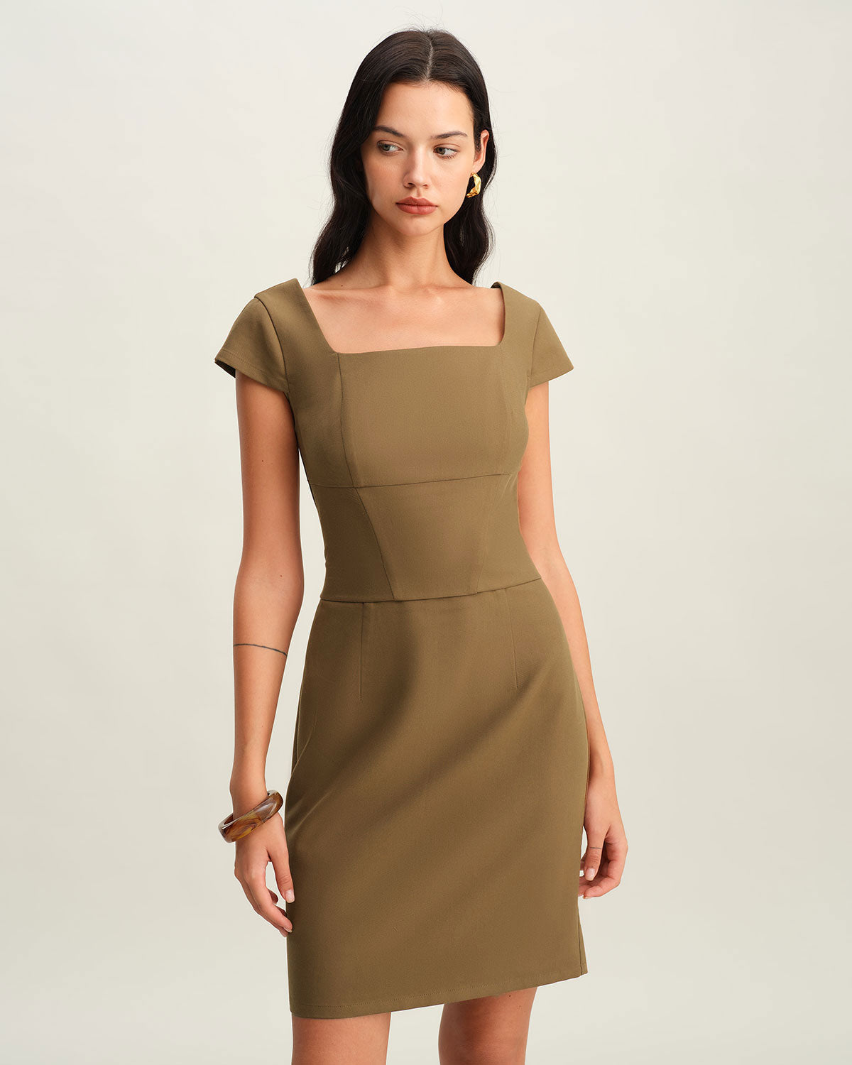 Brown Square Neck Cap Sleeve Mini Dress - Threadford