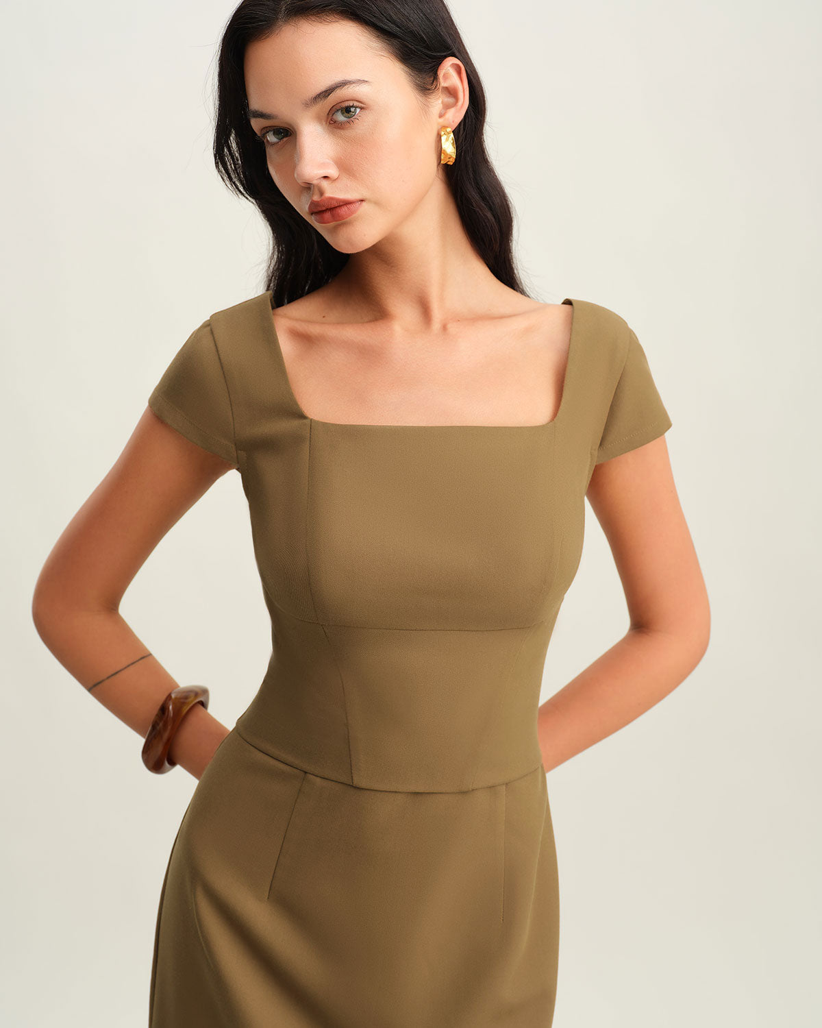 Brown Square Neck Cap Sleeve Mini Dress - Threadford