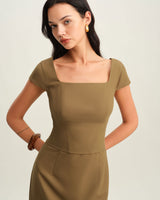 Brown Square Neck Cap Sleeve Mini Dress - Threadford