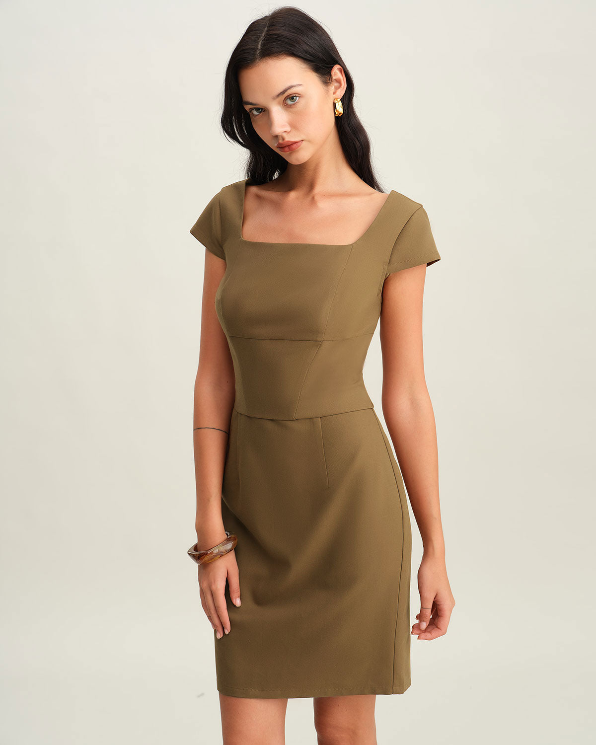 Brown Square Neck Cap Sleeve Mini Dress - Threadford