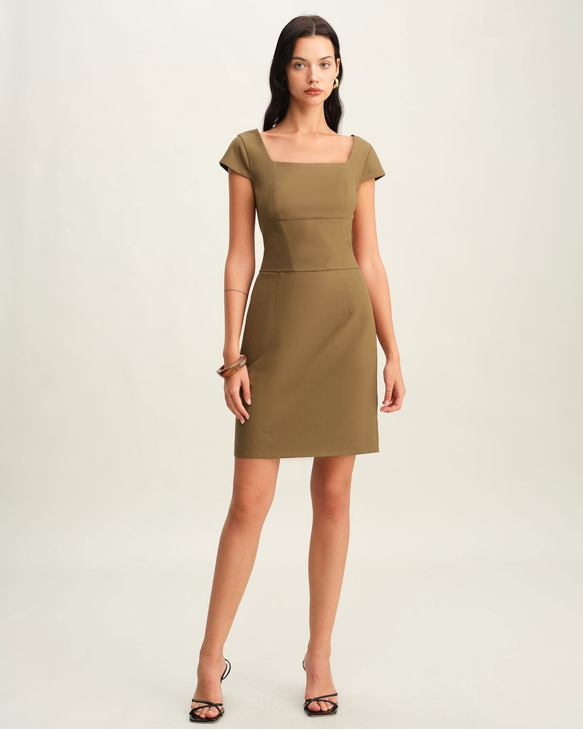 Brown Square Neck Cap Sleeve Mini Dress - Threadford
