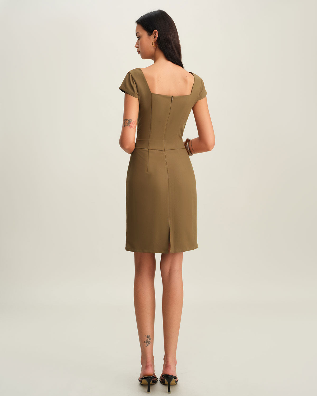 Brown Square Neck Cap Sleeve Mini Dress - Threadford